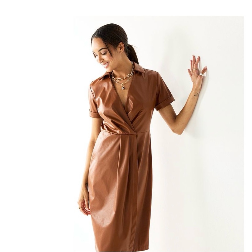 Price Drop! 🔥 Nine West: Pleated/ Wrap Look/ V Neck/Faux Leather Dress - Picture 4 of 6
